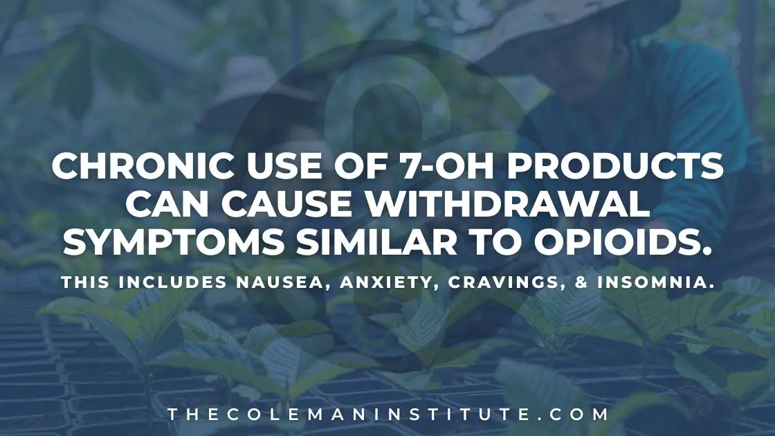 Chronic use of 7-OH products can cause withdrawal symptoms similar to opioids. this includes nausea, anxiety, cravings, & insomnia.